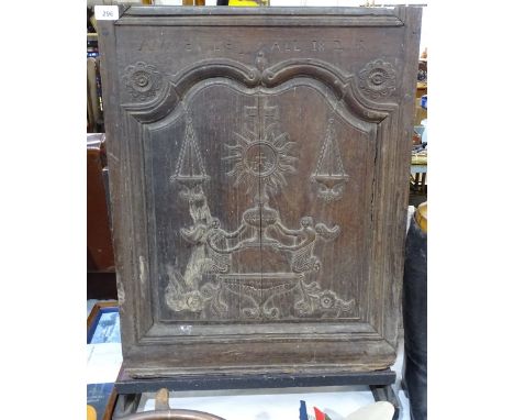 An Antique carved wood church panel Anne Le Gall 1823, height 26.5" 