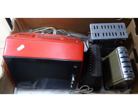 A Vintage bright red television by Toshiba, and 3 Vintage toasters - 2 Swan and a Premier 