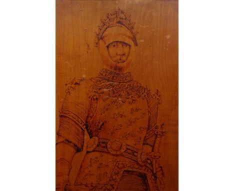 A signed mahogany panel depicting Arthur, King V. England, height 25" 