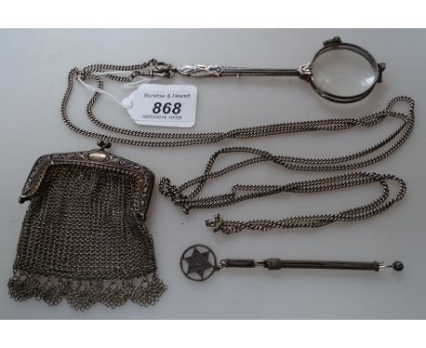 A pair of silver plated and enamelled lorgnettes with plated guard chain, a small mesh evening purse, and a silver swizzle st