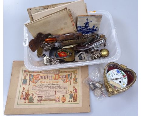 A trinket box, a small clock, costume jewellery, and other interesting items 