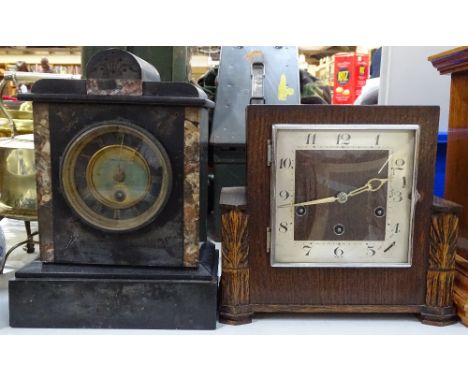 An Art Deco oak-cased 3-train mantel clock, height 9.25", and a slate clock 
