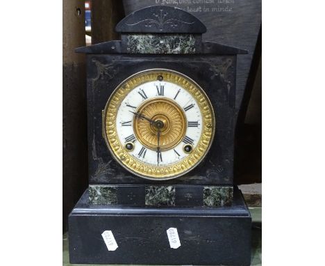 A 2-train slate-cased mantel clock, height 12" 