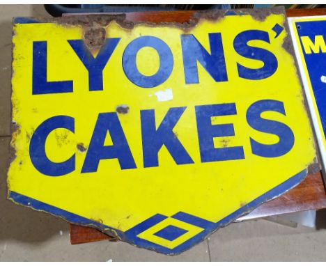 A Vintage enamel Lyons' Cakes double-sided advertising sign, 17.5" across 
