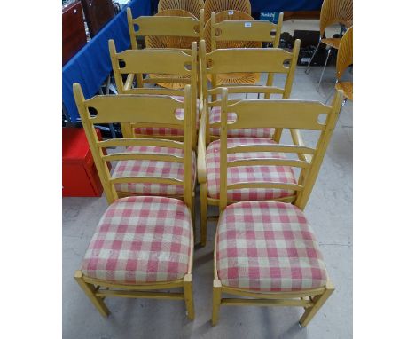 A set of 6 country farmhouse design ladder-back dining chairs, with drop-in seats 