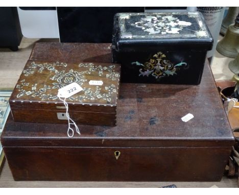 A Victorian mahogany box with sectioned interior, 16" across, a 19th century tea caddy with inlaid mother-of-pearl, and an in
