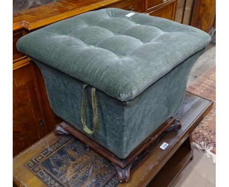 A Victorian button-back upholstered concave sewing box, on a mahogany scrolled base, W50cm, H45cm 