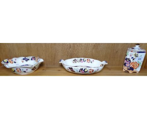 Mason's Mandarin pattern tea caddy, and 2 serving dishes, a Mandalay pattern jug, a Ridgways comport etc 