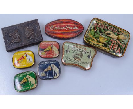 Gramophone needles in tins, a tea tin, cocoa, and a Victorian reversible patent tin Wedding, and 3 Weeks after Marriage, with