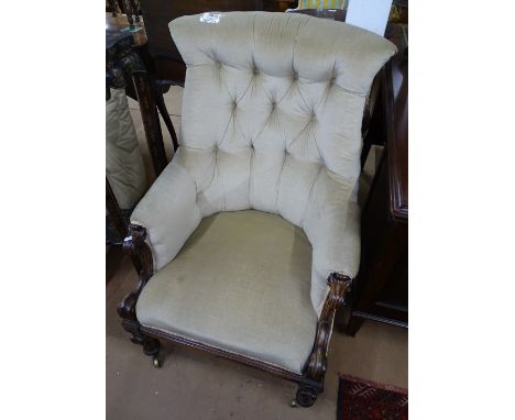 A William IV button-back upholstered armchair, with rosewood show wood, and fluted legs 