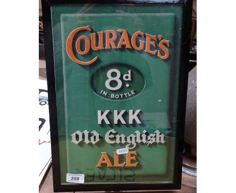 A framed Jewellery Repair sign, 12.5" across, a Vintage framed Younger's Ales sign, and a Courage's KKK Ale sign 