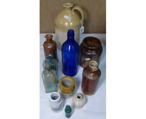 Vintage stoneware jars, bottles, and a St Leonards-on-Sea flagon 