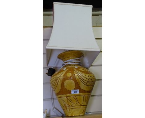 An Scraffitto  incised pottery table lamp and shade, height 25" overall 