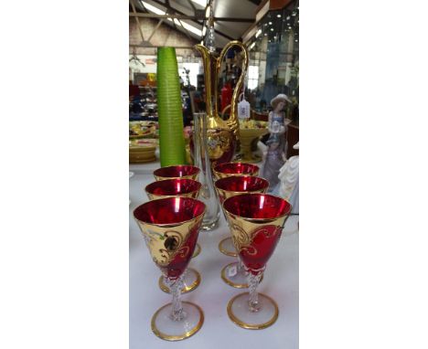 A Gilded ruby glass decanter set, and 2 glass vases 
