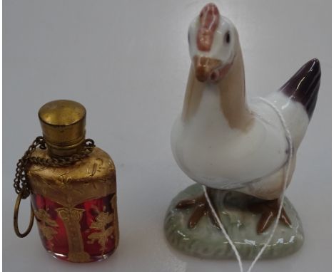 A gilded ruby glass scent flask, 2.75", and a B&amp;G chicken 