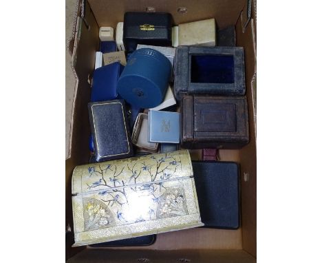 A box containing jewellery, a watch, carriage clock cases and boxes, all empty 