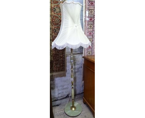 A turned onyx and brass standard lamp and shade, height to the top of the shade 160cm 