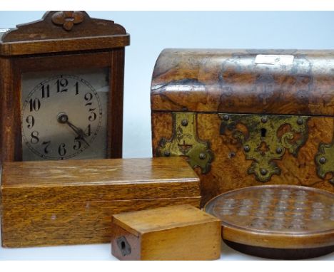 A burr walnut dome-top tea caddy, 9" across, solitaire, boxes, and a clock 