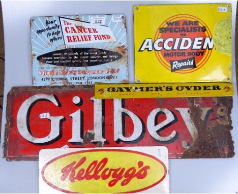 5 Vintage enamelled signs, including Cancer Relief Fund, 9.5" across 