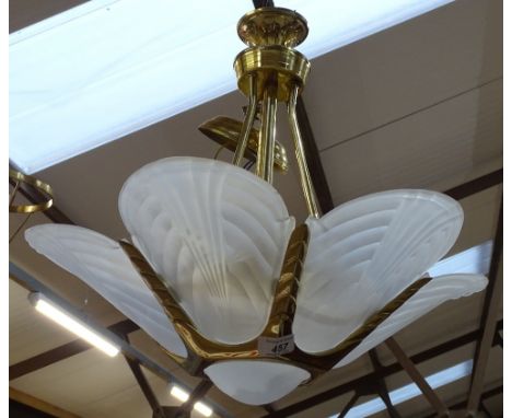 A frosted glass ceiling light bowl with brass mounts 