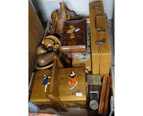 A box of treen items, including a cantilever sewing box, a postal scale, carved fruit etc 