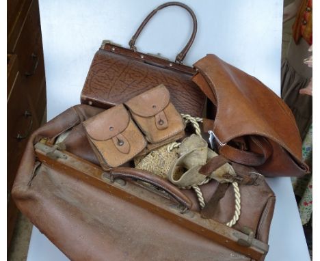 Vintage leather bags, a belt etc 