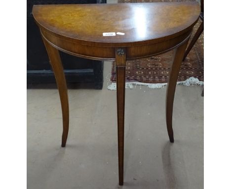 A reproduction cross-banded burr walnut console table, on tapered legs, W60cm, maker's label for Bevan Funnell Furniture 