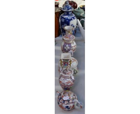 A Chinese blue and white jar and cover with 4 character marks, 13.25", Chinese porcelain vases, a teapot etc 