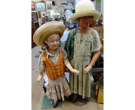 2 Vintage plaster shop mannequins in contemporary clothing, tallest 50" 