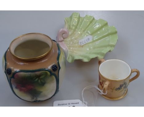Hadley Worcester pot, a Royal Worcester tyg, and scallop dish 