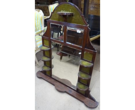 An Edwardian mahogany over-mantel mirror, with bow-front shelves, W107cm, H100cm 