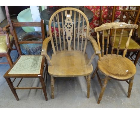 A wheel-back elbow chair, an elm stick-back kitchen chair, and an inlaid hall chair (3) 