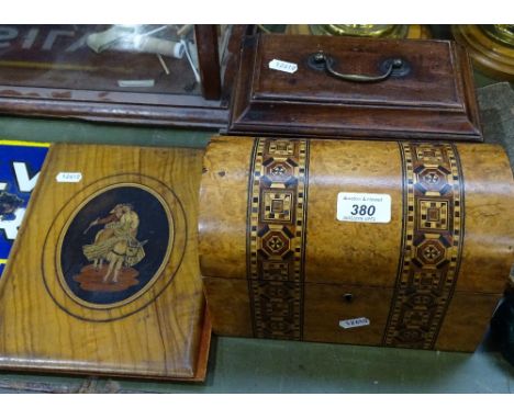 A Georgian tea caddy with fitted interior, length 8.5", an inlaid dome-top box, and a Sorrento ware cover 
