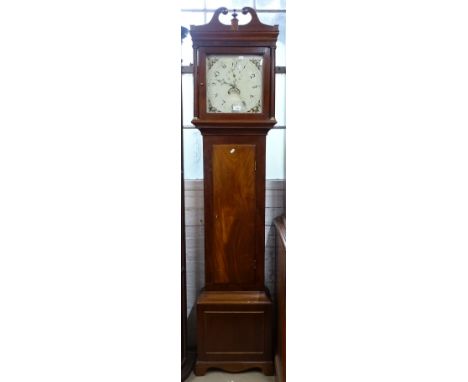 An 18th century 30 hour longcase clock, having a 12" square painted dial and 2 subsidiary dials, mahogany-cased, H225cm 