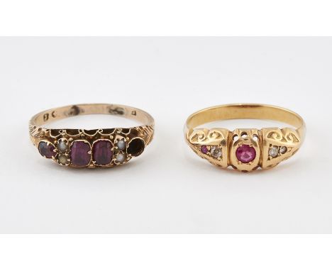TWO VICTORIAN GEM-SET RINGS, including A RUBY AND DIAMOND RING, a round-cut ruby spaced by diamond and ruby accents in a carv