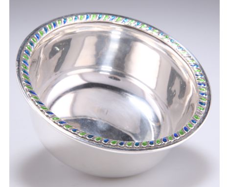 A GEORGE V SILVER AND ENAMEL BOWL,&nbsp;by&nbsp;Liberty &amp; Co Ltd, Birmingham 1910, circular with deep rounded sides, the 