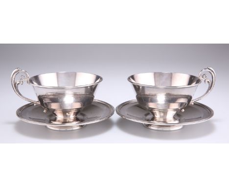 A PAIR OF FRENCH SILVER CHOCOLATE CUPS AND SAUCERS, by Debain &amp; Flamant, Paris (1838-1973), 1st standard (.950), the cups