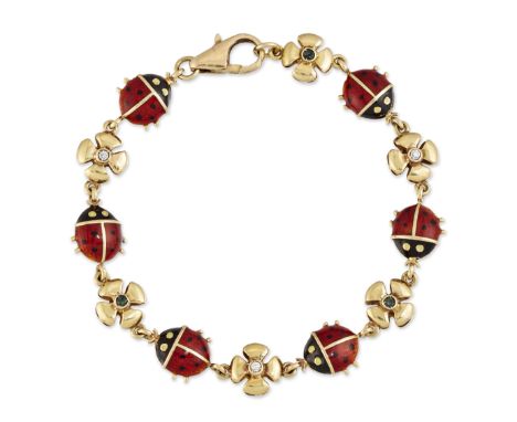 AN ENAMEL AND GEM-SET NOVELTY BRACELET, enamelled ladybird links alternating with white paste and emerald set flower head lin