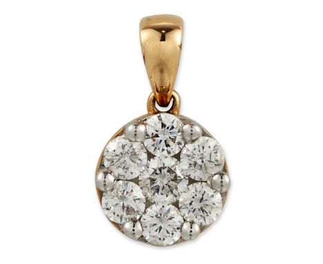 A DIAMOND CLUSTER PENDANT,&nbsp;seven round brilliant-cut diamonds in claw settings, to a tapering bail. Estimated total diam