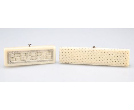 TWO GEORGIAN IVORY TOOTHPICK CASES, the first of&nbsp;rectangular form with all-over gilt&nbsp;piqué decoration, the hinged c