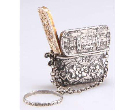 A VICTORIAN SILVER 'CASTLE TOP' PURSE-FORM VINAIGRETTE,&nbsp;by John Tongue, Birmingham 1855, the cover with a view of Windso