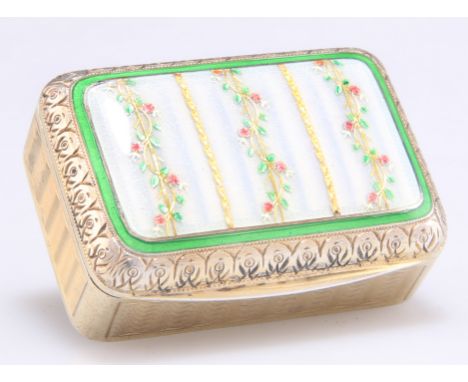 A SMALL ENAMEL BOX, early 20th Century, unmarked, rectangular, the hinged cover enamelled with trailing foliage within a gree