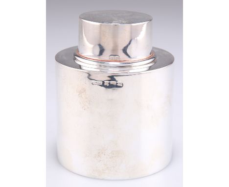 A GEORGE V SILVER TEA CADDY,&nbsp;by&nbsp;Arthur &amp; John Zimmerman, Birmingham 1911, plain cylindrical form with pull-off 