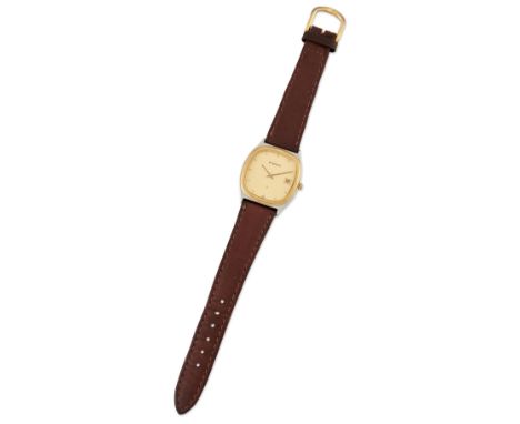 AN ETERNA BICOLOUR WATCH. Cushion shaped champagne dial with black/gilt hands and dot indices, date aperture at 3 o'clock pos