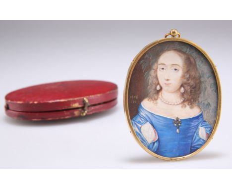 CIRCLE OF JOHN HOSKINS, PORTRAIT MINIATURE OF A LADY WEARING A BLUE DRESS, PEARL NECKLACE AND EARRINGS, bears initials and da