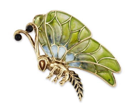 A PLIQUE A JOUR BUTTERFLY PENDANT, the wings filled with green and blue enamel, with black enamel detail. Marked 'B14', 3.2cm