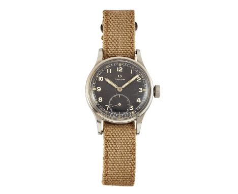 AN OMEGA "DIRTY DOZEN" MILITARY ISSUE WATCH. Circular black dial with luminous hands and arabic numerals, sub seconds dial at