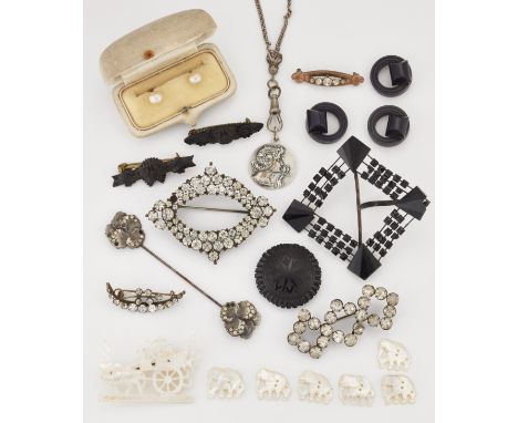 A GROUP OF JEWELLERY, comprising&nbsp;A PAIR OF CASED SIMULATED PEARL DRESS STUDS; FOUR 19TH CENTURY PASTE BROOCHES; A FRENCH