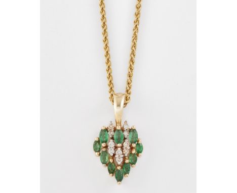 AN EMERALD AND DIAMOND CLUSTER PENDANT ON CHAIN, pairs of round brilliant-cut diamonds spaced by marquise-cut diamonds, to a 