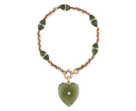A NEPHRITE AND ROCK CRYSTAL BRACELET, nephrite and faceted rock crystal beads spaced by lengths of belcher chain, suspending 